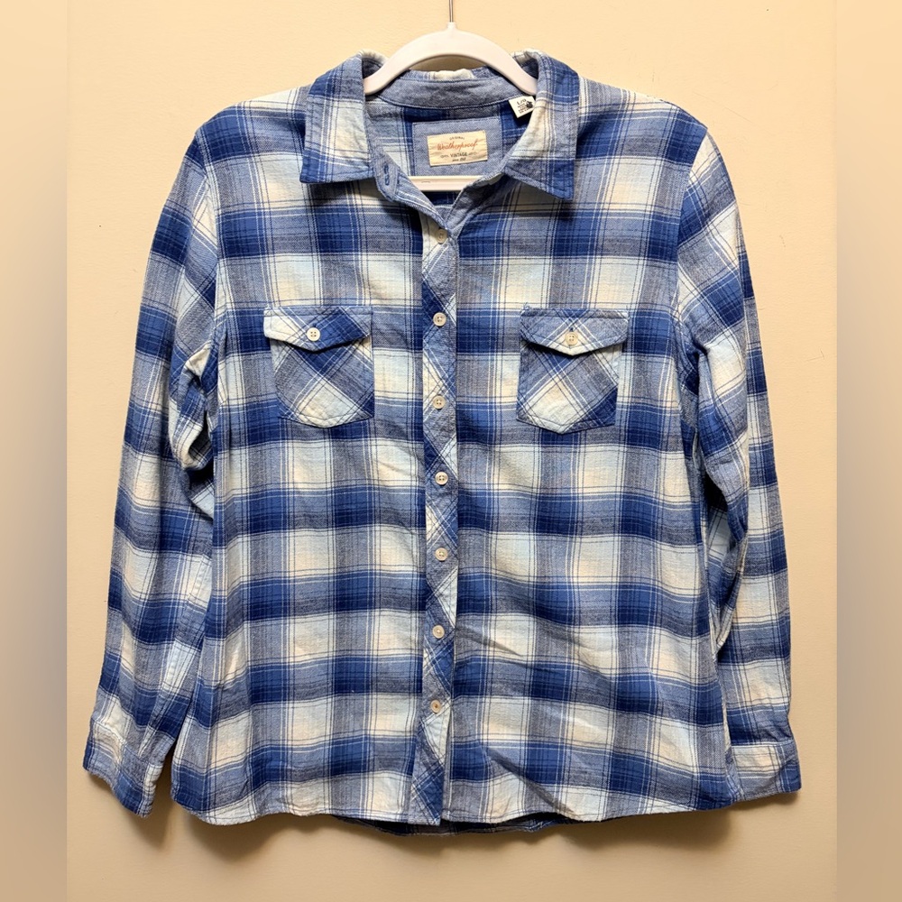 WEATHERPROOF Ladies Blue and White Plaid Fleece Button-Up Shirt